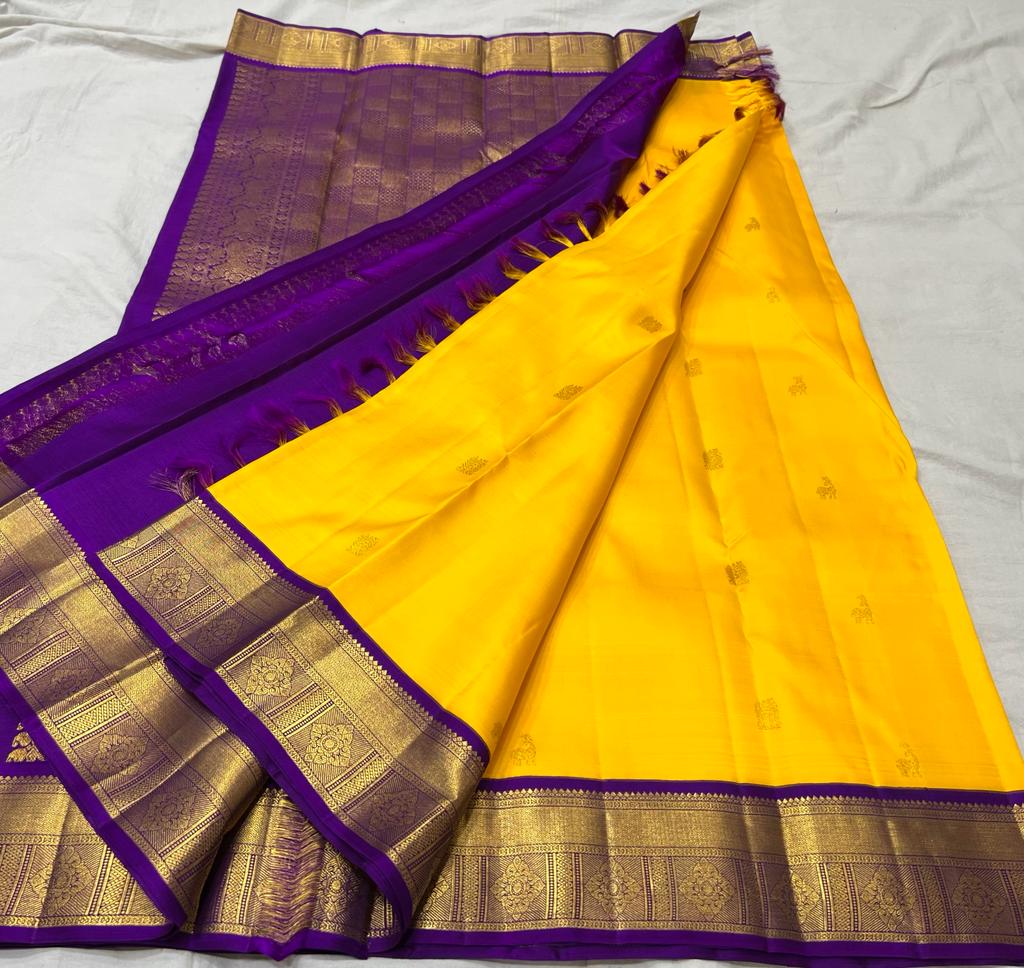 Handwoven Mustard Pure Zari Kanjivaram Saree with Purple Border –  WeaverStory